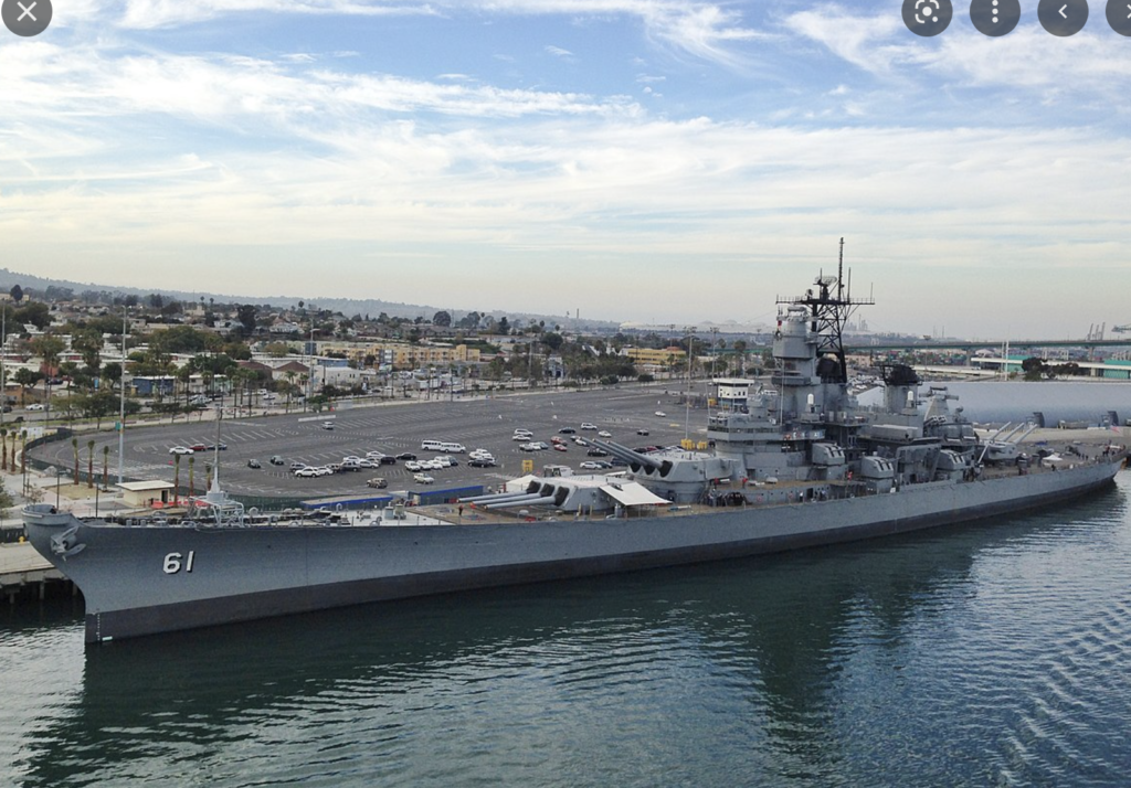 Arial view of the Battleship USS IOWA while moored at the Port of Los Angles in San Pedro, California.